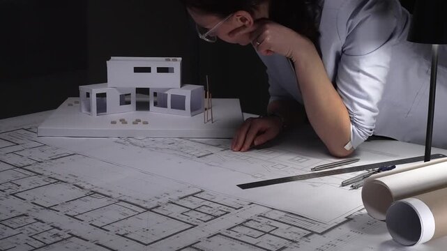 Female architect thinking about a modern house architecture project with blueprint and model on desk. Business and architect people concept