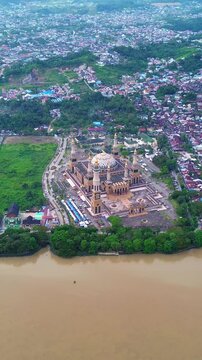 aerial view of the Baitul Mutaqien Islamic Center Mosque from above in Samarinda