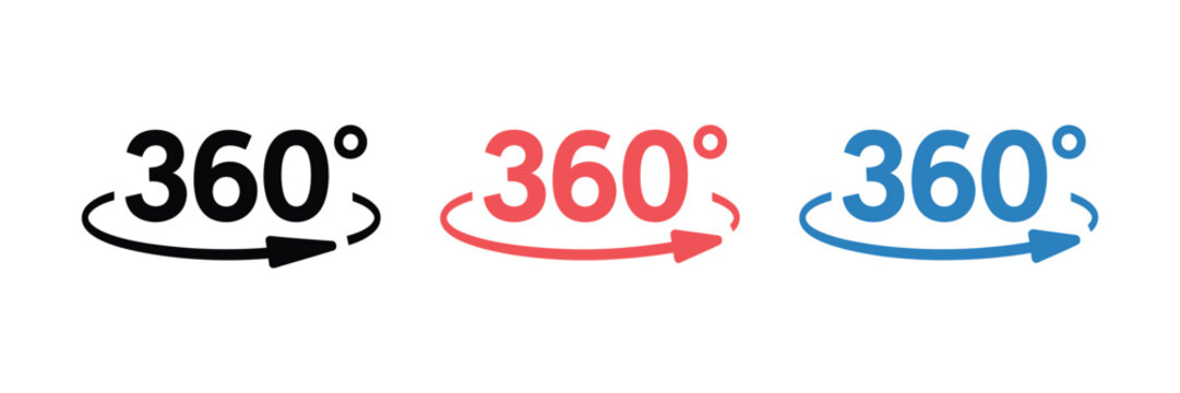 360 Degree Icons, Vector Illustration with Circular Arrow Rotation, Full Angle View Symbol, and 360 Degree Loop Design Elements