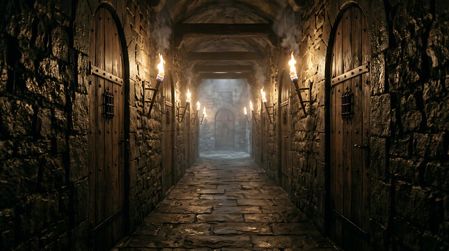 Stone dungeon corridor with wooden doors and torchlight ancient medieval castle.