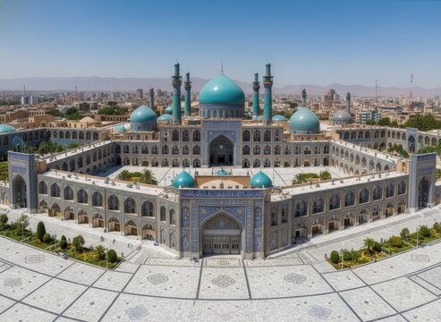 Panoramic view of the jameh mosque of yazd with turquoise domes and minarets