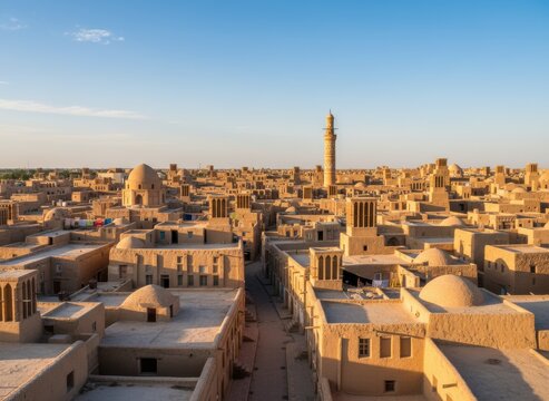 Panoramic view of traditional mud brick architecture and windcatchers in yazd, iran