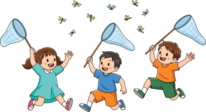 Happy kids catching butterflies with nets cartoon vector illustration playful children outdoor activity fun and nature exploration design