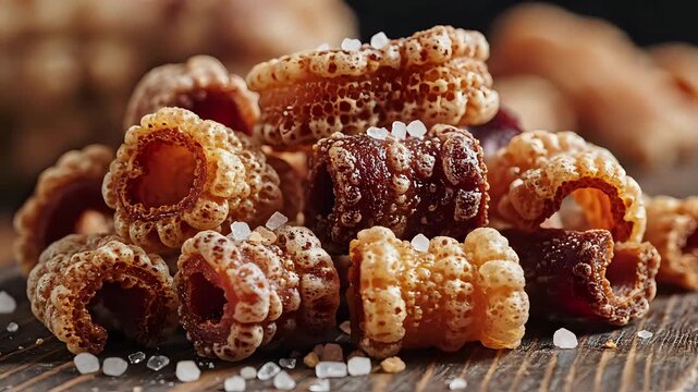 Crispy Pork Rinds with Sea Salt Sprinkled on Wooden Surface.