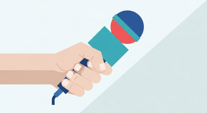 Hand holding colorful microphone on white background for broadcasting or public speaking