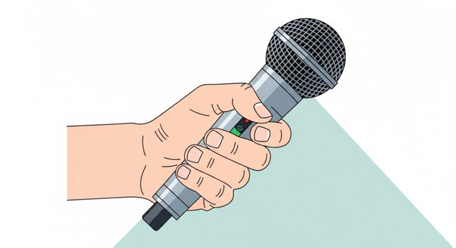 Hand holding microphone for public speaking or performance with grey metallic body and black mesh grille on white background