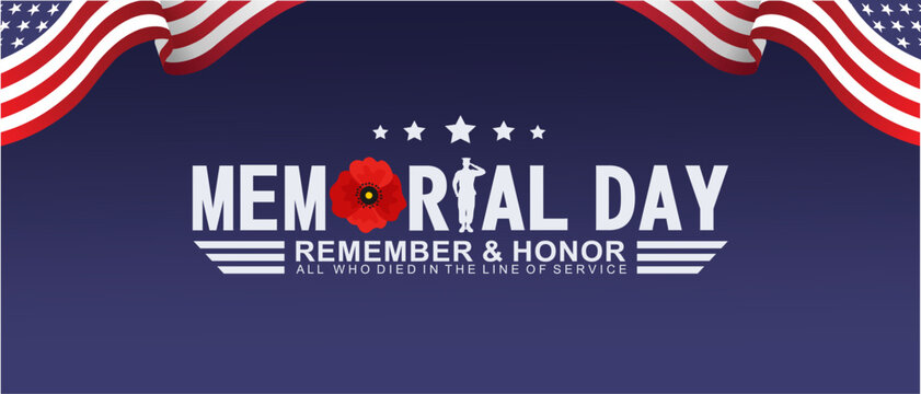 Patriotic Memorial Day 2026 Typography Banner with American Flag and Poppy Flower Tribute. Vector Illustration