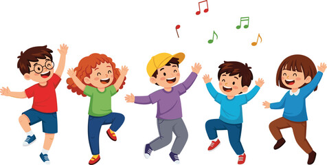 Happy kids dancing with music notes cartoon vector illustration joyful children party activity fun movement and playful childhood lifestyle design