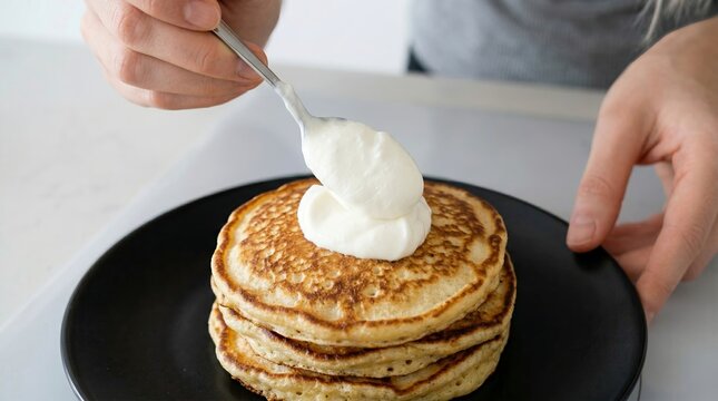 Hand adding cream to stack of pancakes on black plate