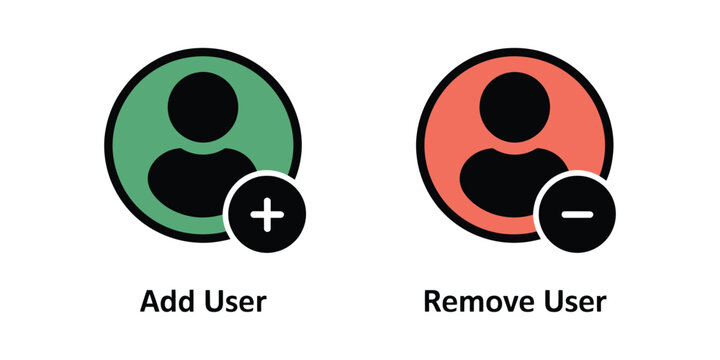 User Add and Remove Icons in Vector Style, Profile Symbol with Plus and Minus Signs in Circle.