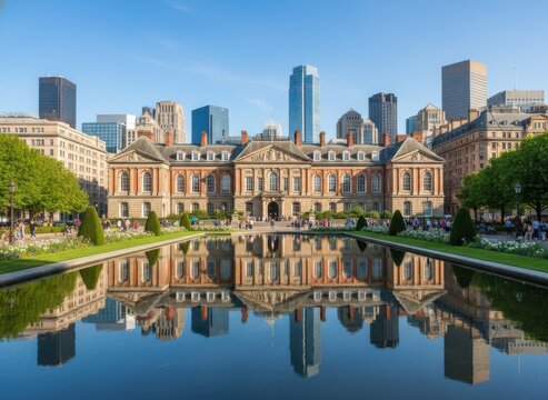 Rittenhouse square reflecting pool and historic building with philadelphia skyline