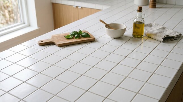 Minimalist White Kitchen Tile Background with Soft Sunlight Shadows and Subtle Grout Lines