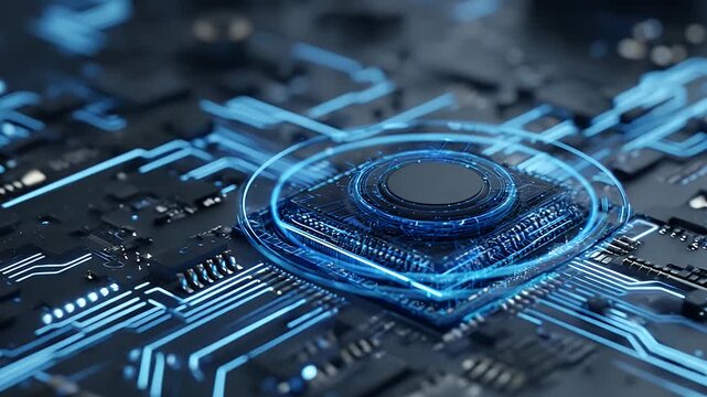 Digital processor microchip with glowing blue light trails on circuit board representing advanced artificial intelligence computing power high tech engineering and futuristic data processing.