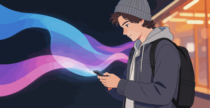 Young Man Using Smartphone with Glowing Digital Flow at Night