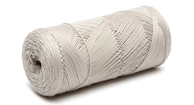 Single spool of natural beige jute twine with packaging material isolated