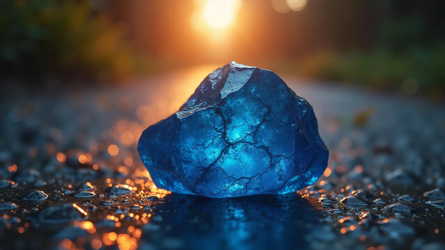 Glowing Blue Crystal Stone with Internal Light on Wet Ground at Sunset - Cinematic Fantasy Gem, Power Source, and Mystical Energy Concept