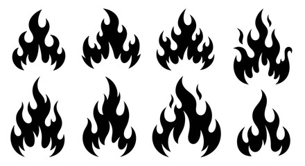 Naklejka premium Collection of eight distinct flame icons in silhouette, perfect for graphic design and digital art applications