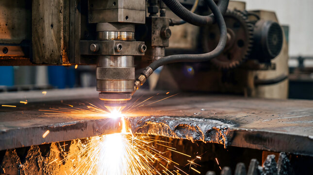 Laser cutting machine shaping metal with sparks