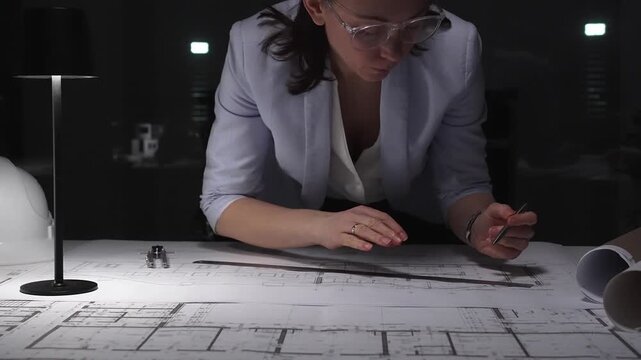 Female architect working late at night, drafting blueprints and engineering plans in a dark office. Business and architect people concept