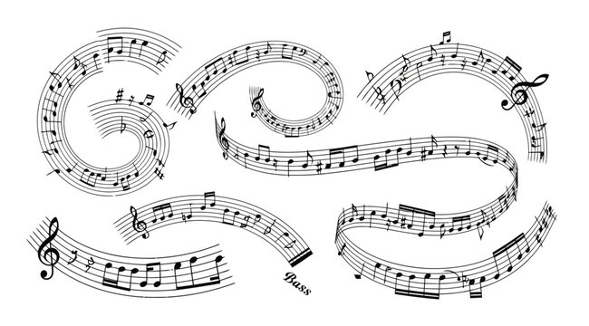 Set of abstract musical staves with notes, treble and bass clefs, swirling and flowing musical lines, creative musical design elements for posters, flyers, and musicthemed projects