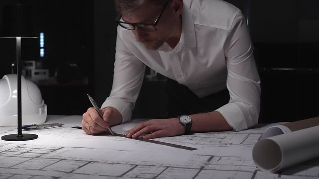 Architect working on blueprints late at night, focusing on construction plans and project engineering design. Business and architect people concept