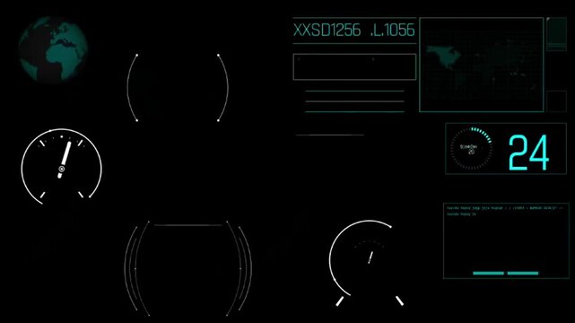 Futuristic HUD Interface High-Tech FUI Dashboard. Digital interface showing global network data and matching information analytics on world map