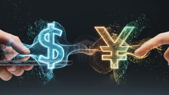 The next generation of secure digital transactions depicted by holographic dollar and yuan signs on a smartphone with copy space