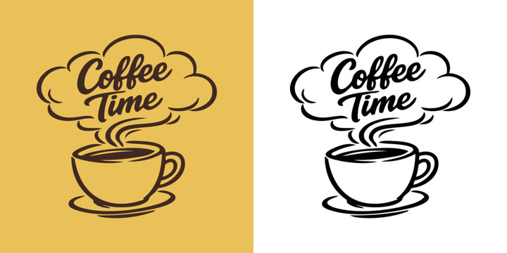 Logo cafeter&iacute;a. Dibujo sencillo con l&iacute;neas estilo vintage de una taza de caf&eacute; con su plato y texto Coffee Time en el vapor