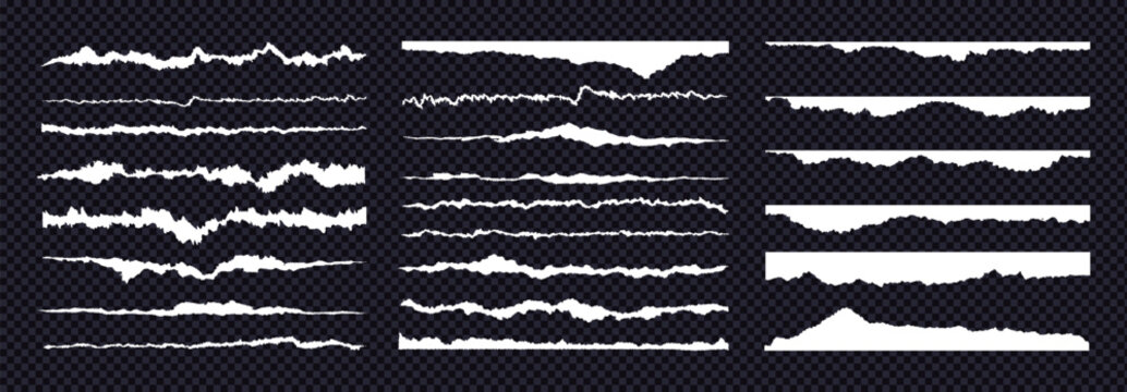 White recycled sheet texture featuring jagged torn paper rip edge effect. Vector bundle includes page piece blank card tag label banner divider claw cut line. Cardboard tear edge kit on like png bg.