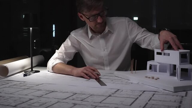 Architect working late on building plans and a residential house model, designing a new construction project. Business and architect people concept