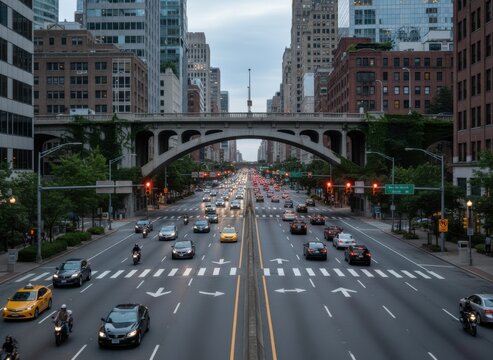 Urban roadway scene with concrete arch bridge and city traffic at dusk