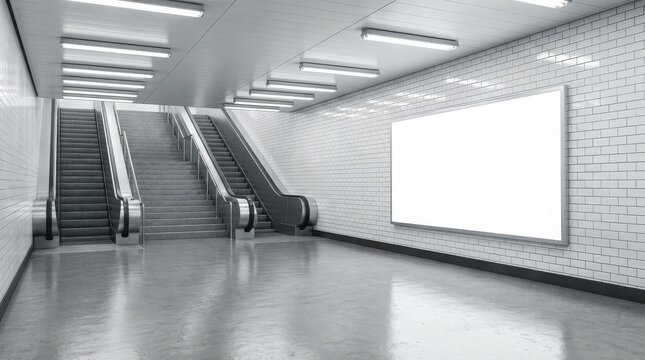 Empty modern metro station with escalator stairs and blank billboard