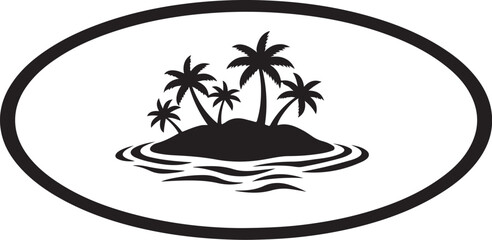 Obraz premium Tropical island, palm trees, black silhouette, oval frame, vector icon