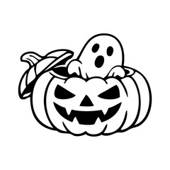 Fototapeta premium Logotipo con dibujo minimalista de un fantasma, asomando del interior de una calabaza tallada de Halloween, para su uso en felicitaciones y tarjetas