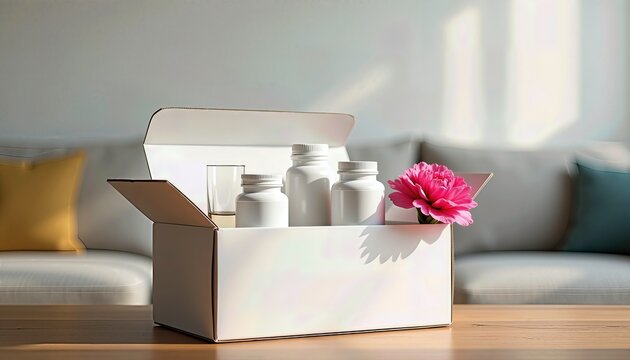 Description (200 characters):  
Mockup of a box for dietary supplements (BADS) featuring a delicate flower on the packaging. Clean backgroun, minimalist natural style