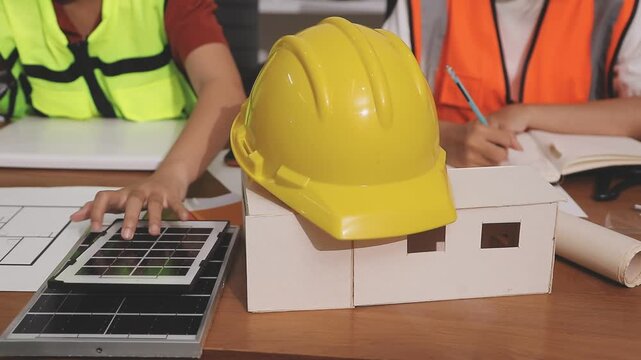 Architecture drawing on architectural project business architecture building construction Colleagues designer Planning Design on blueprint and compasses