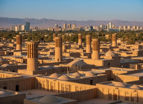 Windcatchers and mud brick architecture in yazd, iran at sunset