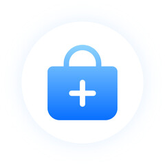 Fototapeta premium Vibrant blue shopping bag icon with plus symbol and neon glow for retail apps