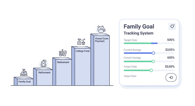 A graphic illustration of a family goal tracking system with a bar chart and progress indicators on a white background.