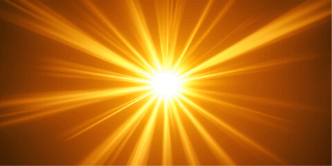 Obraz premium A bright abstract vector design featuring a warm summer sunburst where yellow and orange rays explode from a central star to create a glowing sunrise beam across the sunny sky