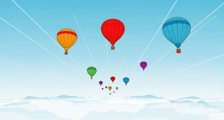 Obraz premium Colorful hot air balloons soaring above clouds in a blue sky. Minimalist vector art features clean lines and a central perspective. Ideal for travel, adventure, and business growth marketing.