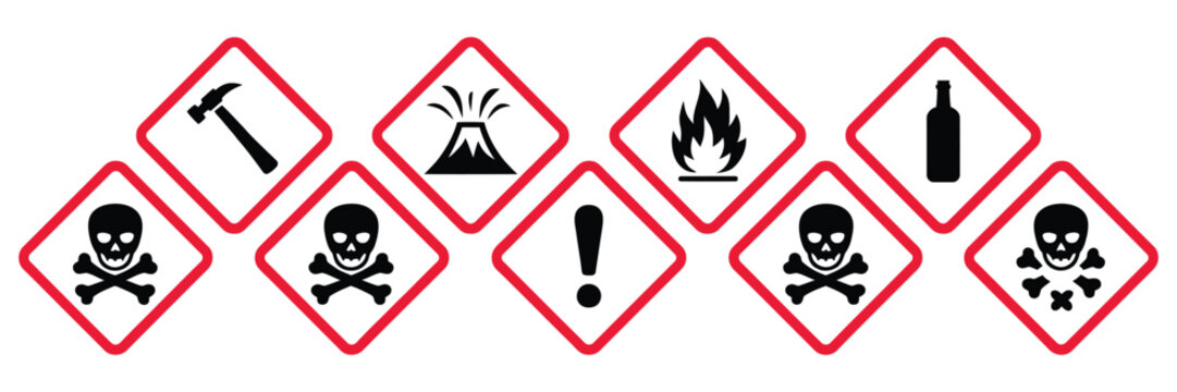 ghs hazard symbols collection illustrating chemical safety pictograms, warning signs for workplace, transport and laboratory environments with clear, modern and professional vector design.