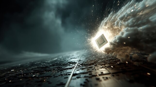 Futuristic Microchip Surging Through Dark Cloudy Atmosphere