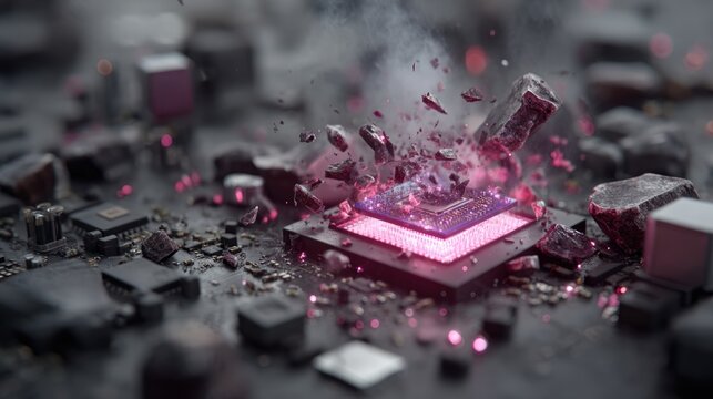 Futuristic Microchip Glowing Pink Core Shattering Crystals