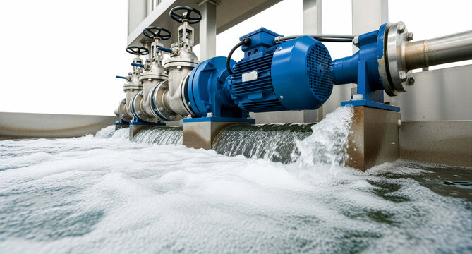 Industrial water pumps discharging liquid into a treatment tank. Steel valves and electric motors control fluid flow in a utility plant. Infrastructure management concept for engineering.