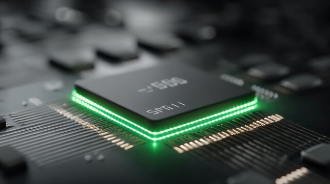 Modern Microprocessor Chip with Green Led Accent on Circuit Board