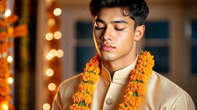 Peaceful moments of reflection with floral garland in warm lighting