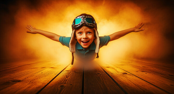 Cheerful boy in vintage pilot gear pretending to fly. Child lies on wooden boards with arms wide in a smoky golden light. Childhood imagination concept for education and aspiration themes.