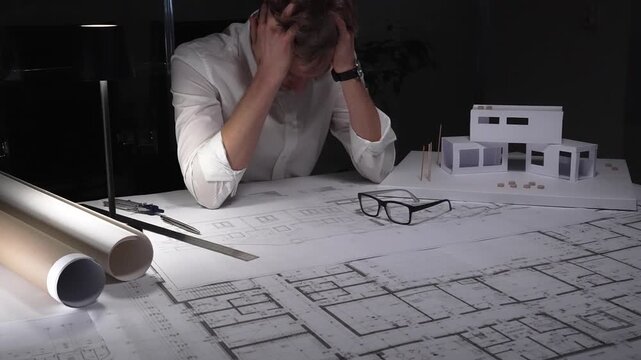 Tired man working overtime on architectural plans, struggling with fatigue, stress, and project deadlines in a dimly lit office.