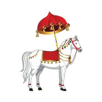 Indian Wedding Royal Horse with Umbrella Vector Illustration | Traditional Baraat Ghodi, Groom Procession Decor, Rajasthani Style